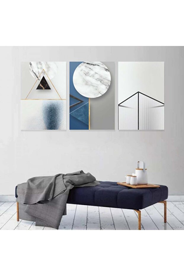 ثلاث لوحات قماشية بتصميم تجريدي مع برواز فضي مجوف - 1