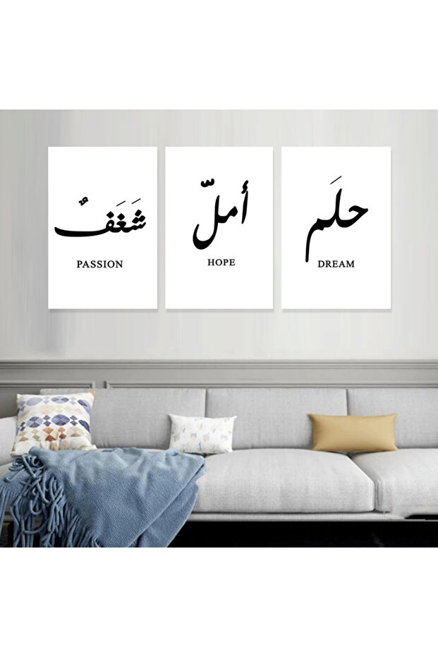 ثلاث لوحات قماشية بتصميم حلم أمل شغف مع برواز فضي مجوف