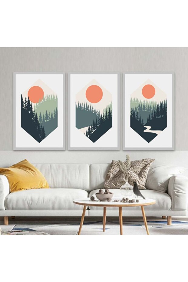 Three luxurious modern canvas paintings with a hollow silver frame