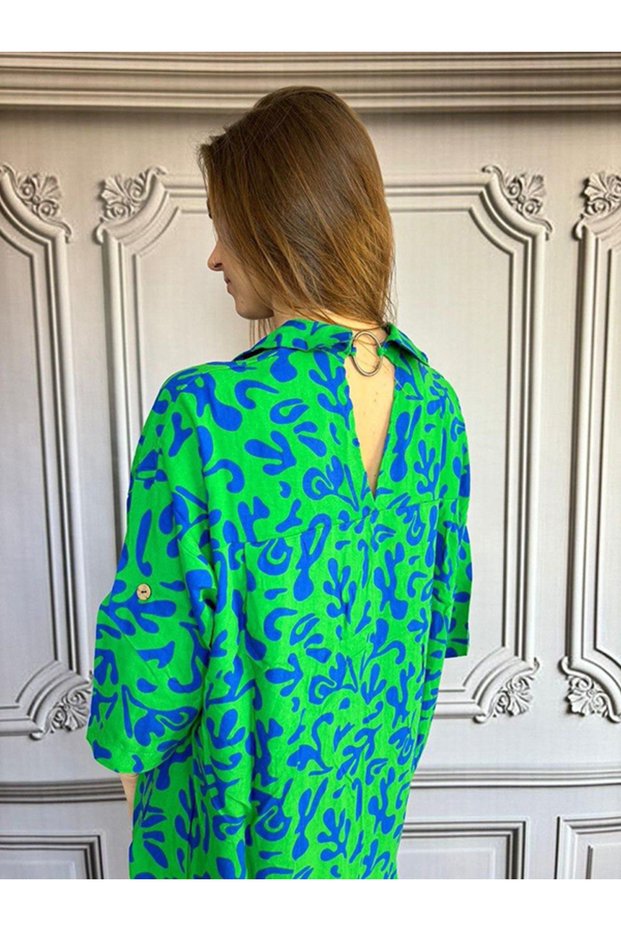 Collared Woven Printed Dress with Ring on the Back