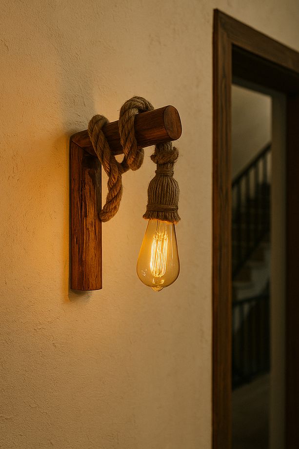 Halat Detaylı Ahşap Duvar Lambası – Retro Rustik Aplik Kafe Ev Balkon Ofis Aydınlatma. - 4