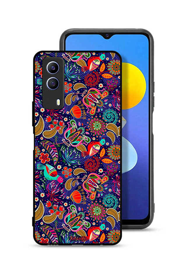 غطاء حماية لهاتف Vivo T1x بنقشة طيور وأوراق زهور ملونة