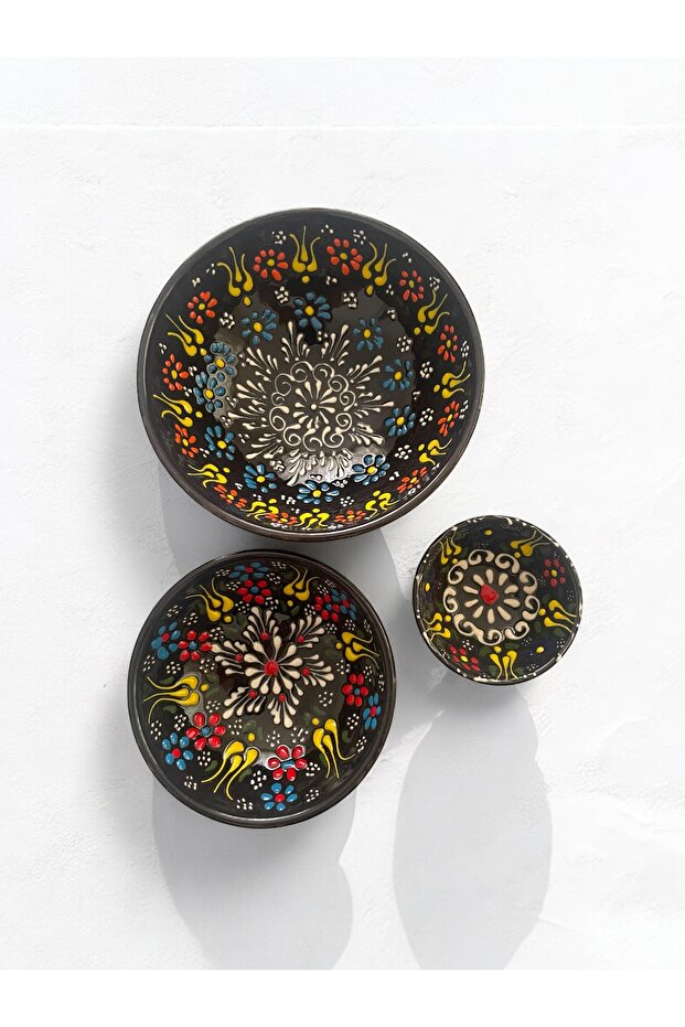 Decorative 3 Pieces Black Tulip Tile Designed Fully Handmade Snack Bowl-Sauce Bowl-Breakfast Bowl