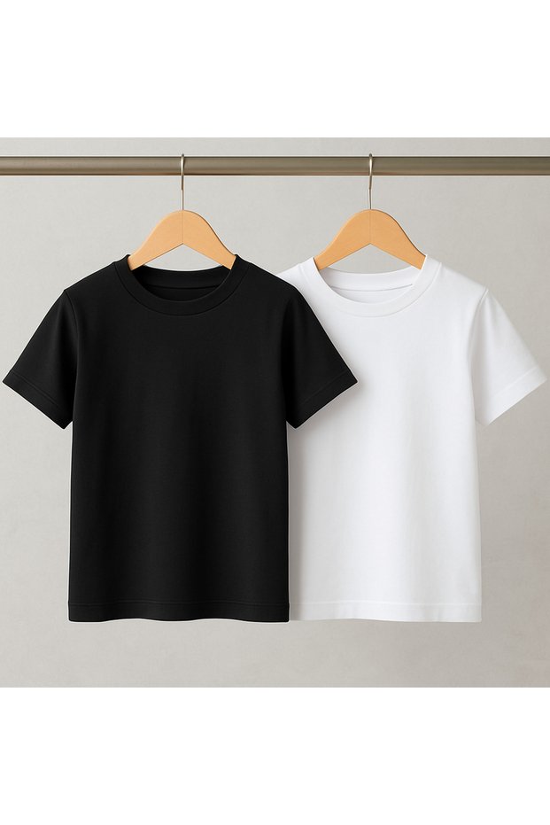 2 Pieces Girls/Boys White and Black Cotton T-Shirt