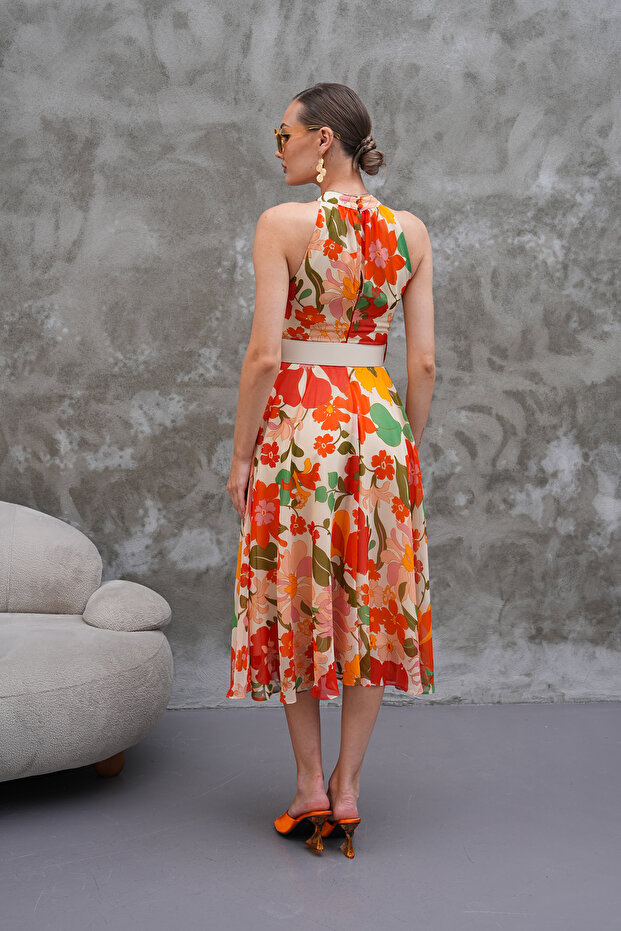 Halter Yaka Çiçekli Elbise - 5