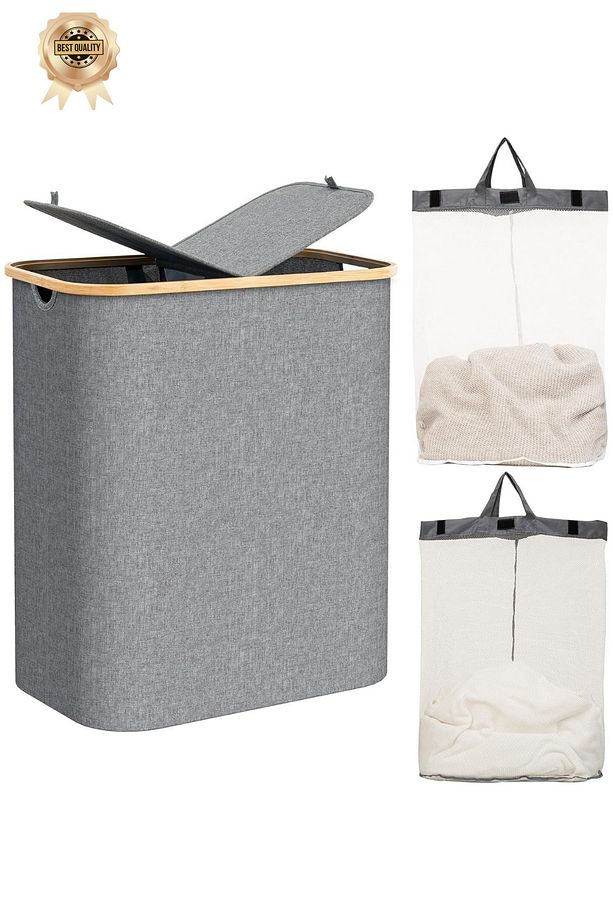 EcoFold Modern Çift Bölmeli Katlanabilir 150 LT Çamaşır Sepeti | Şık Kapaklı & File Torbalı Kirli - 1