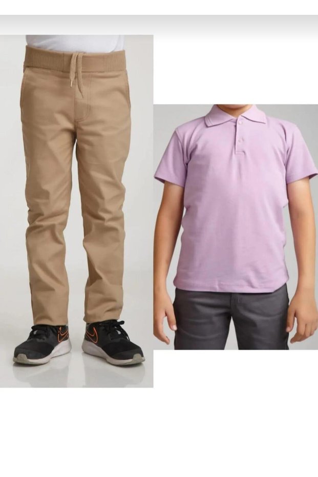 Children's Beige Linen (Elastic Waist) Pants Lila Short Sleeve School Lakos