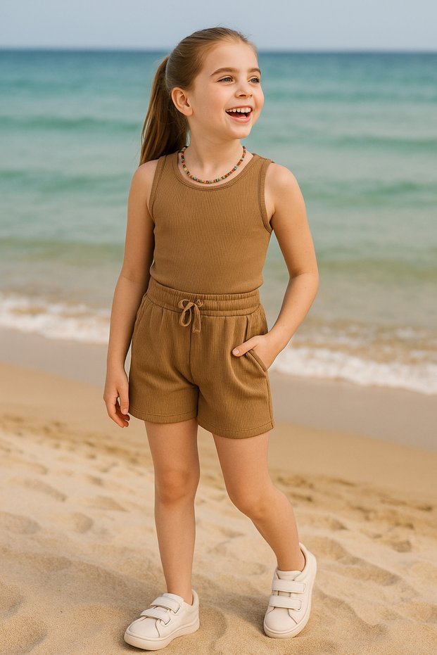 Girl's Summer Ribbed Camisole Shorts Set Cotton Pocket Stylish and Comfortable Daily Combination