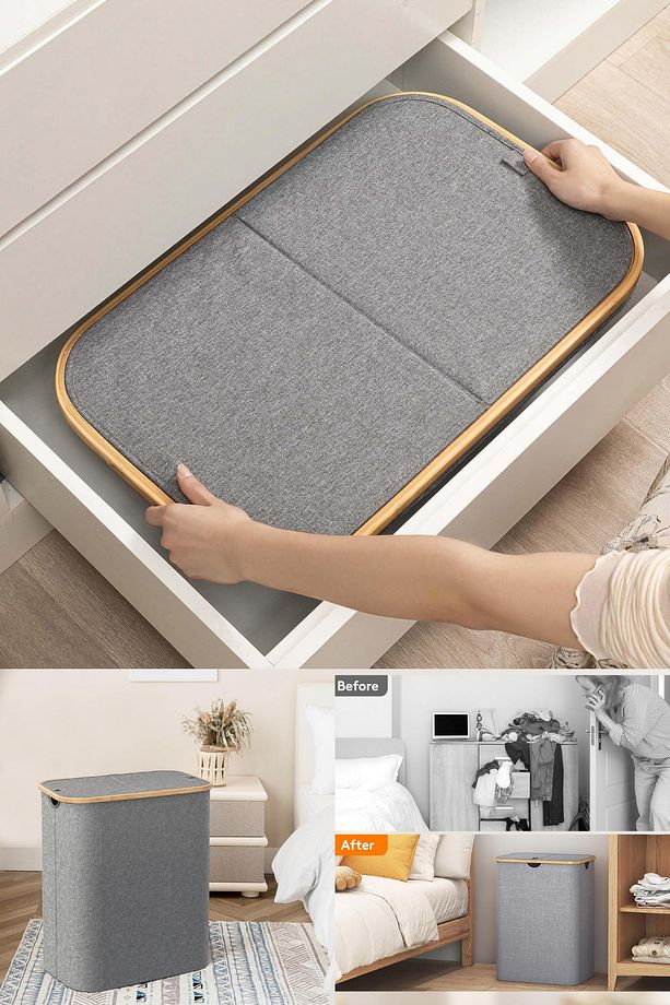 EcoFold Modern Çift Bölmeli Katlanabilir 150 LT Çamaşır Sepeti | Şık Kapaklı & File Torbalı Kirli - 3