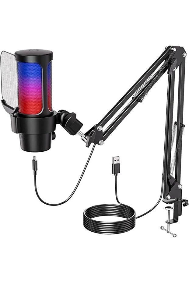 Kayıt Mikrofonu Profesyonel RGB USB Mikrofon Seti Podcast Yayın Stüdyo,İnfluencer Mikrofon - 1