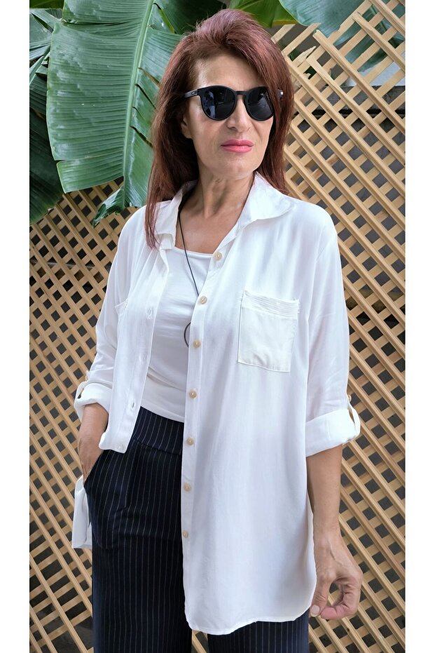 Cepleri Pullu Viskon Gömlek Beyaz - 2