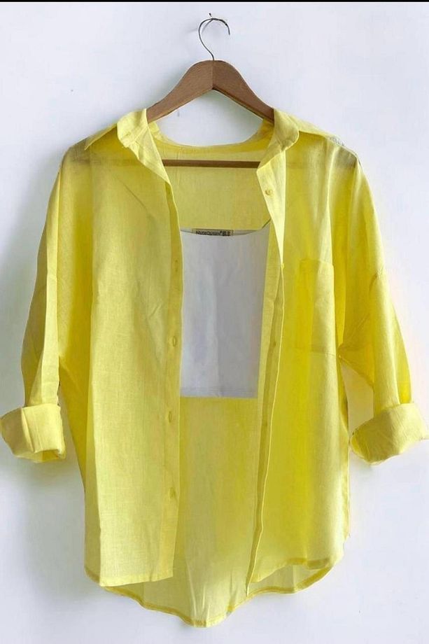 Sarı Keten Oversize Gömlek - 1