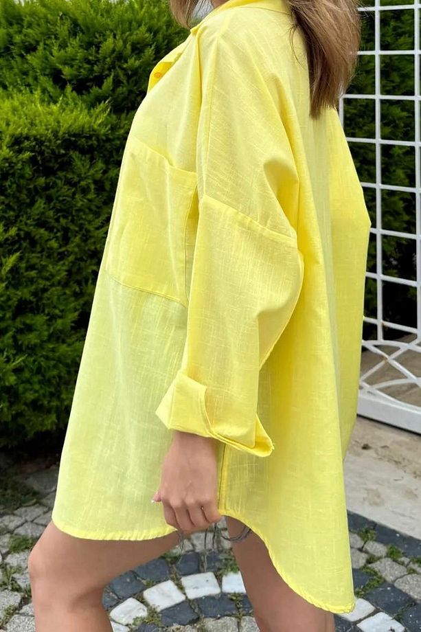 Sarı Keten Oversize Gömlek - 3
