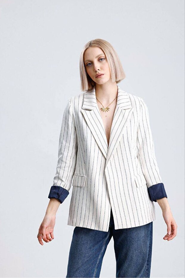 Women's Striped Linen Blazer Jacket - Stylish Design with Lining Detail