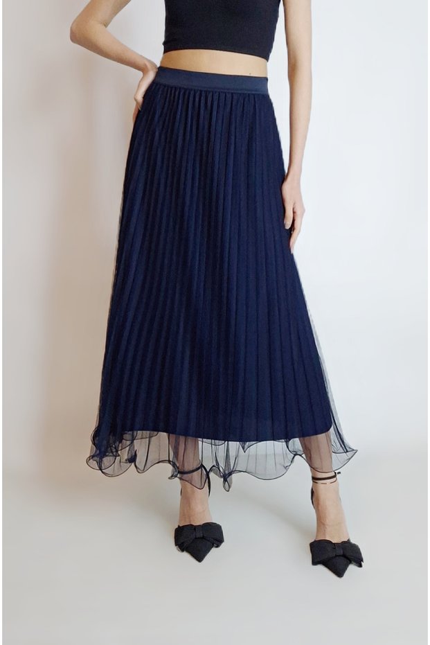 Women's Dark Blue Skirt with Miscellaneous Piles Lined Tulle Skirt Yy101229