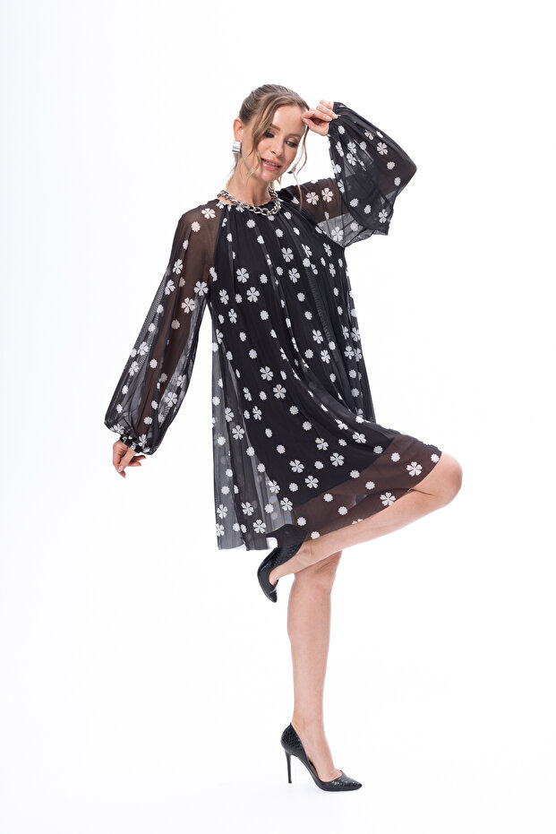 Karton Triko Piliseli Siyah Elbise - 2