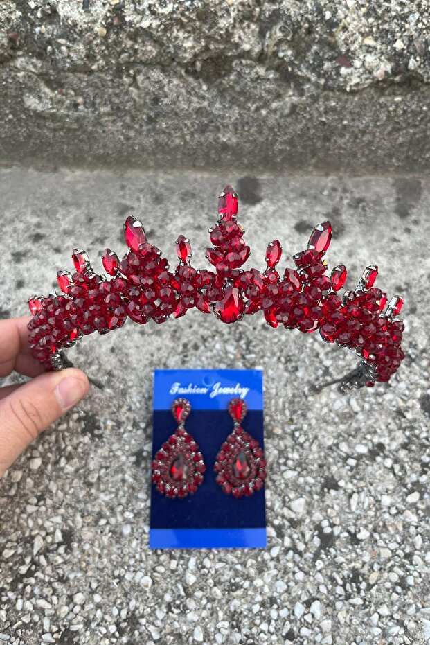Thalia Crown Drop Shuttle Earring Set Burgundy – Sparkling Evening Dress Accessory with Stones for Bridal Henna Wedding