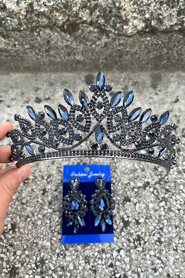 Grace Navy Blue Bridal Crown and Three Shuttle Earrings Set – Wedding Evening Dress Accessory with Stones
