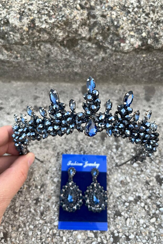 Thalia Crown Drop Shuttle Earring Set Navy Blue – Sparkling Evening Dress Accessory with Stones for Bridal Henna Wedding