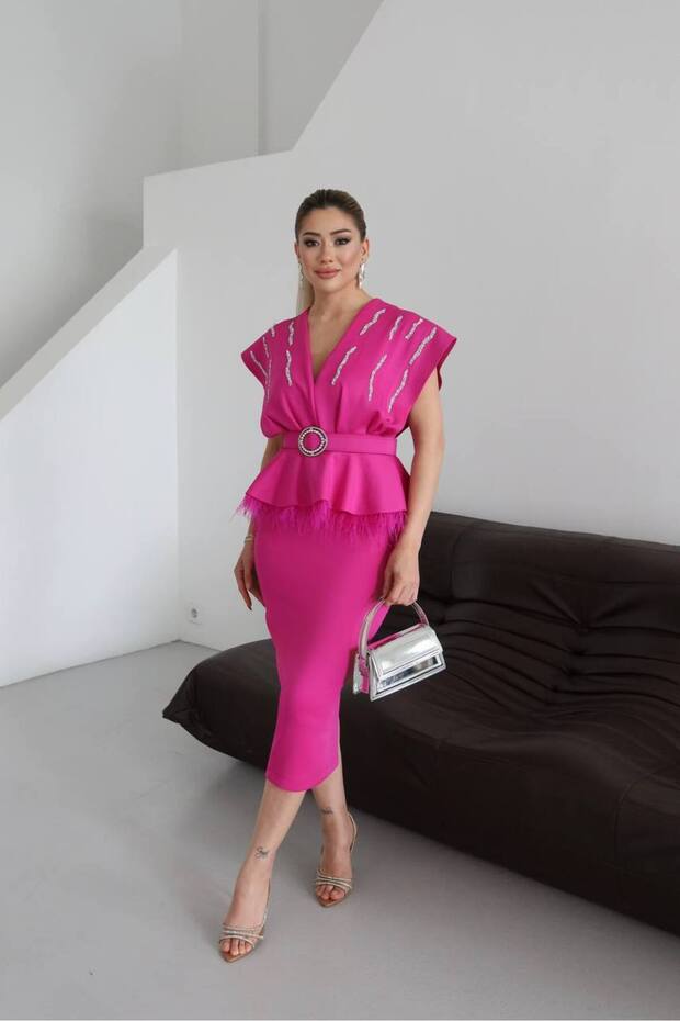 Women's Special Design Imported Fabric Shoulder Detail Belted Lined Wedding & Promise & Engagement & Graduation Dress