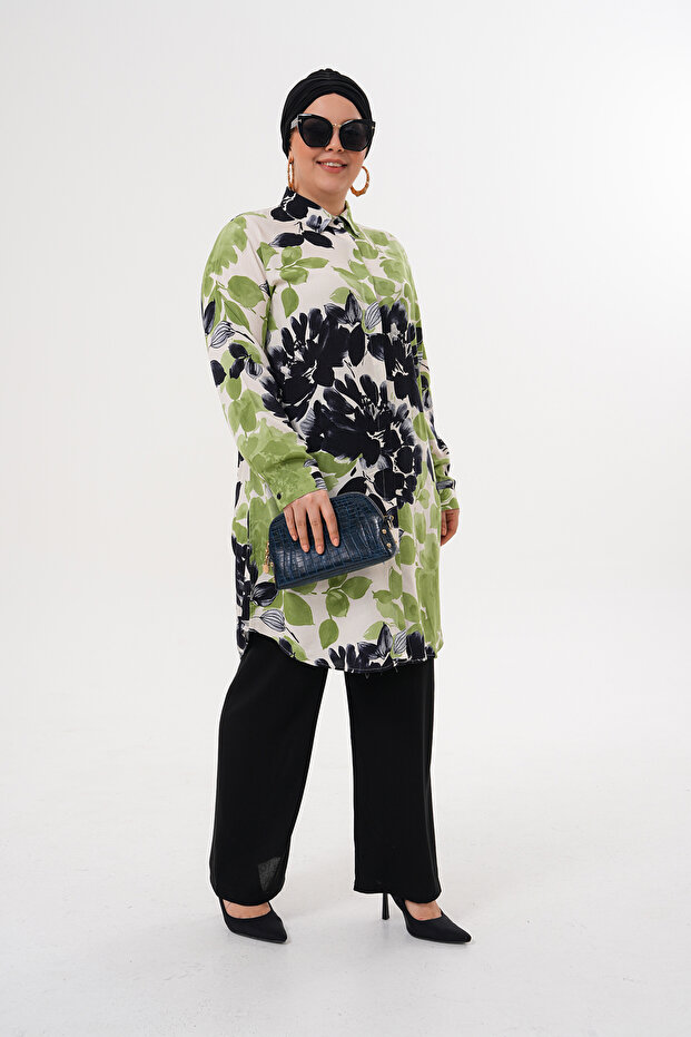 Green Black Leaf Patterned Tunic
