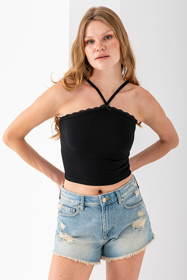 Women's Cross Strap Lace Detailed Crop Body Black - Ms0000309