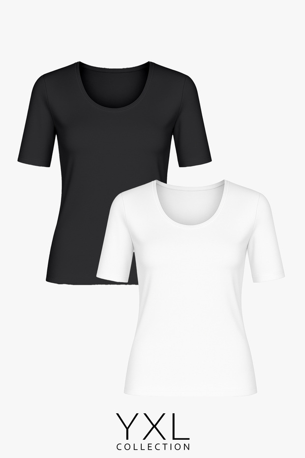 Women's Plus Size 2 Pack Black-White Viscose Lycra Basic T-Shirt Combed Cotton Blouse