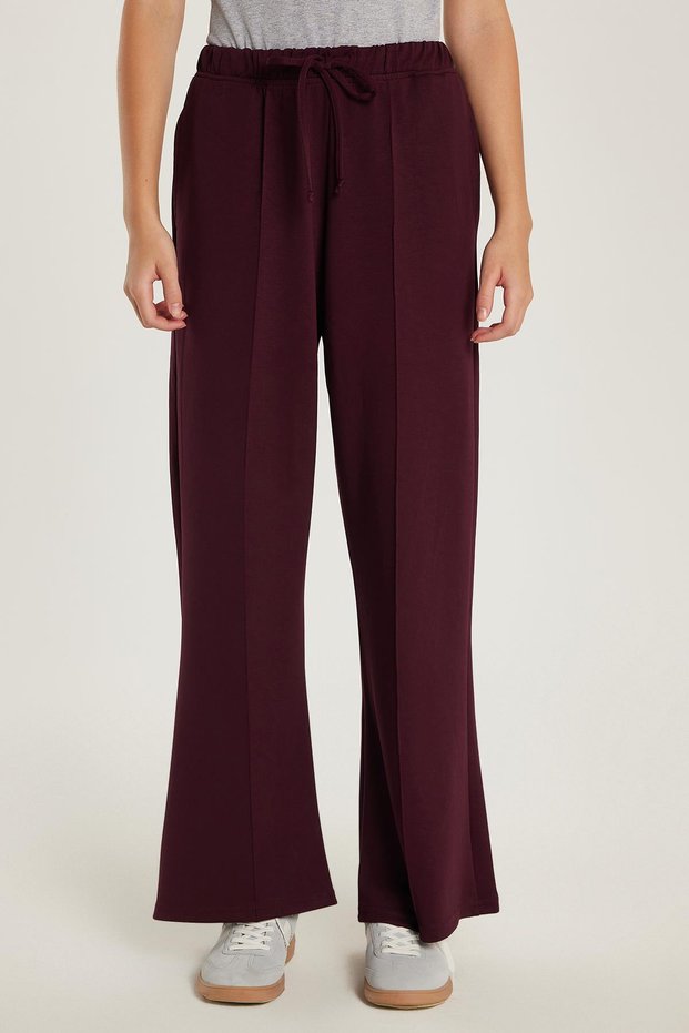Women's Modal Fabric Relax Fit Elastic Waist Tie-Up Burgundy Trousers