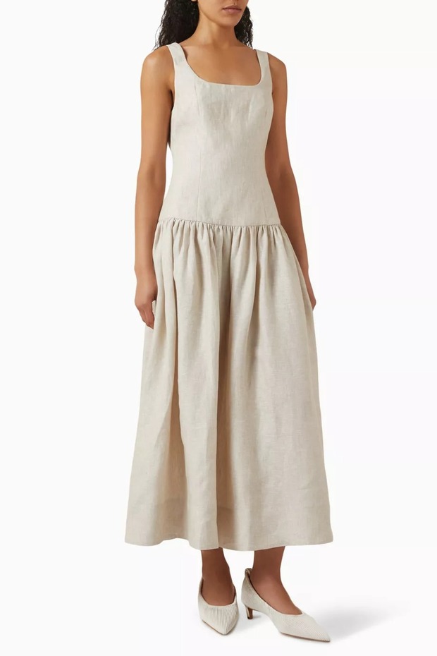 Square Neck Low Waist Linen Midi Women's Dress