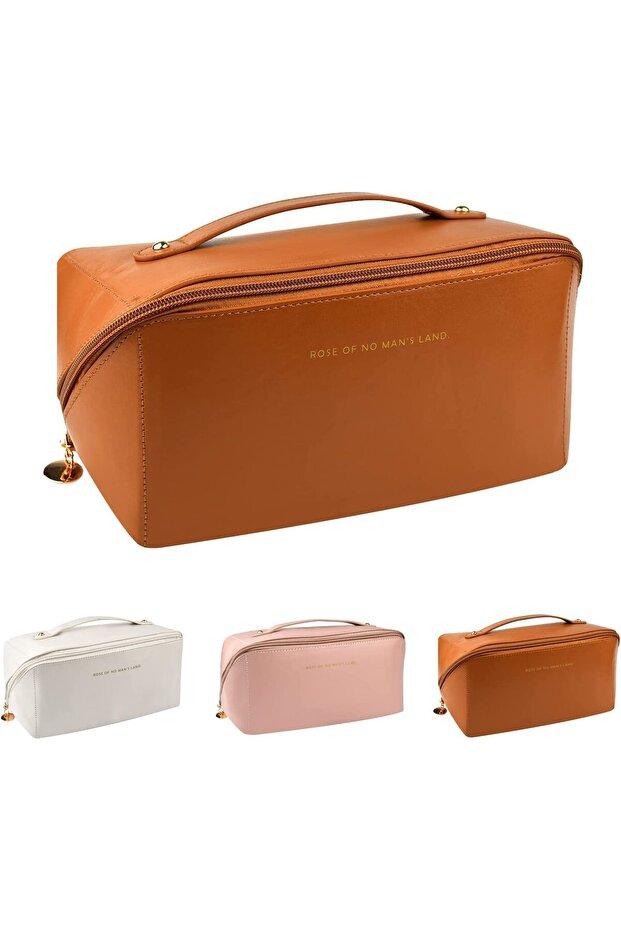 Large Capacity Travel Cosmetic Bag, PU Leather Toiletry Bags with Divider and Handle - Brown