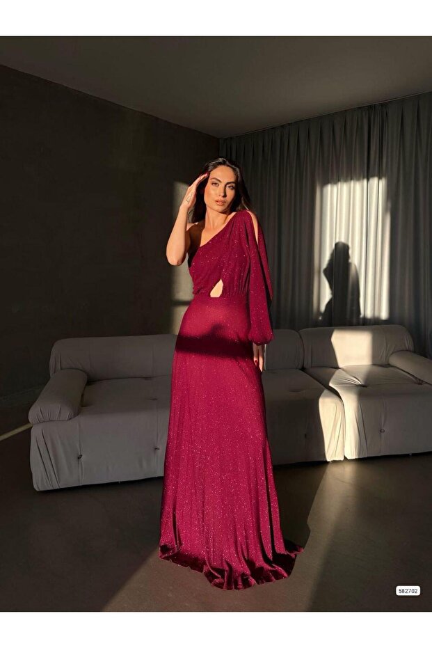 One Shoulder Sparkle Pleated Long Evening Dress 582702 Açikmor