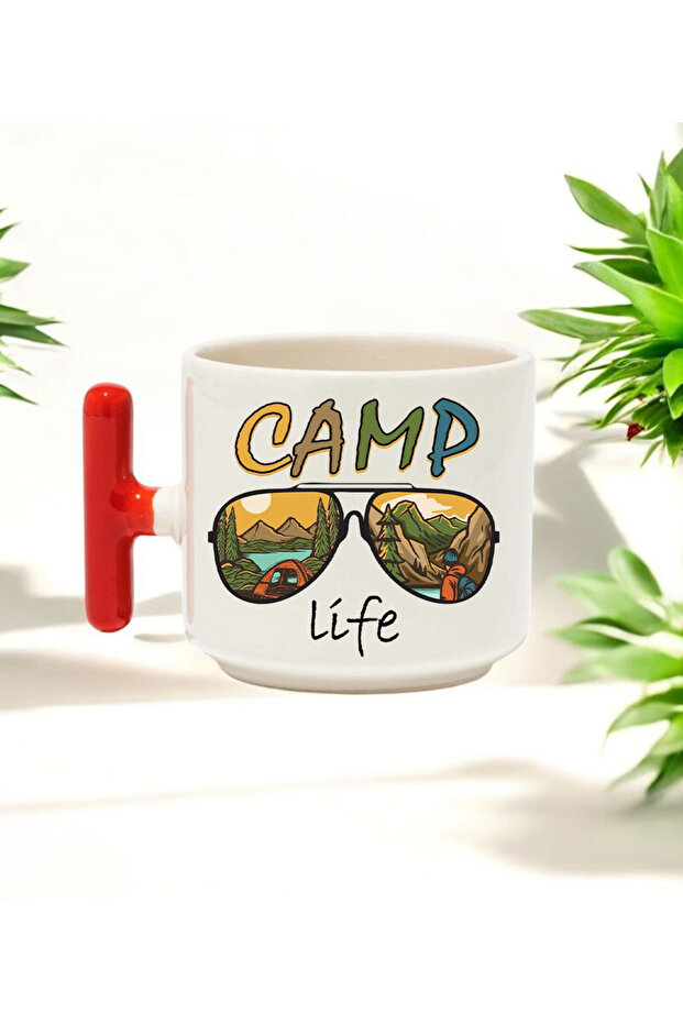 كوب سيراميك مطبوع بتصميم Camp Life بمقبض T أحمر 250 مل