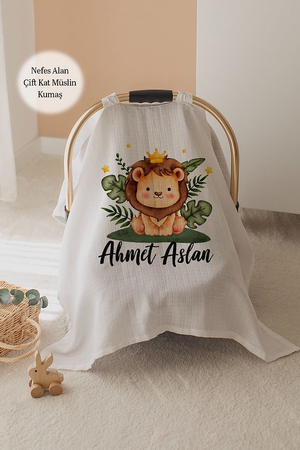 %100 Pamuk İsme Özel Çift Katlı Müslin Puset Örtüsü - Aslan - 1