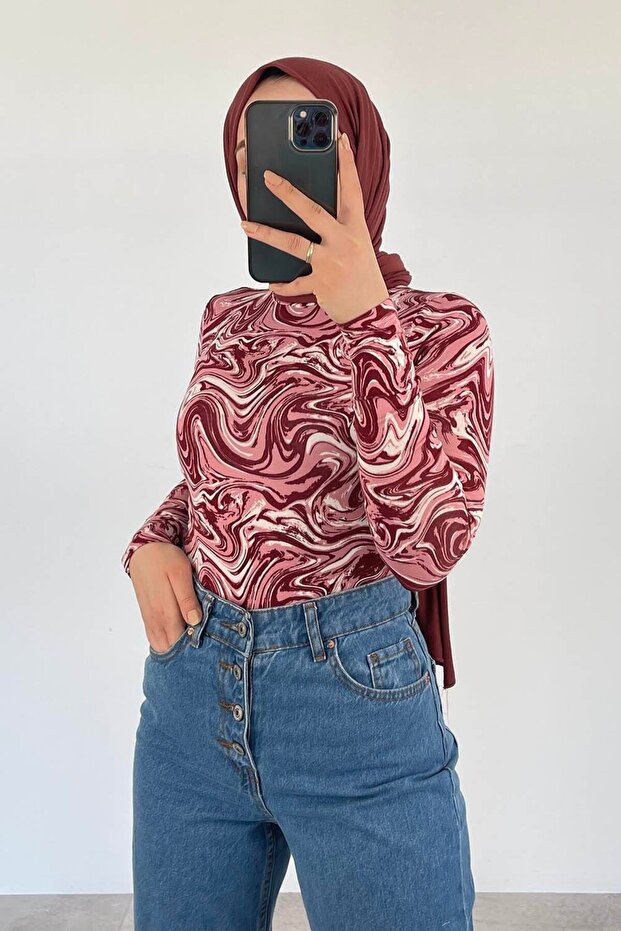 Crew Neck Marbled Patterned Body Cherry - 3