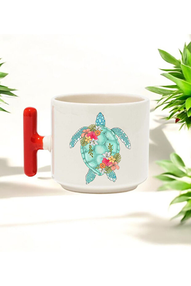 كوب سيراميك مطبوع بتصميم سلحفاة بمقبض على شكل حرف T باللون الأحمر سعة 250 مل - 1