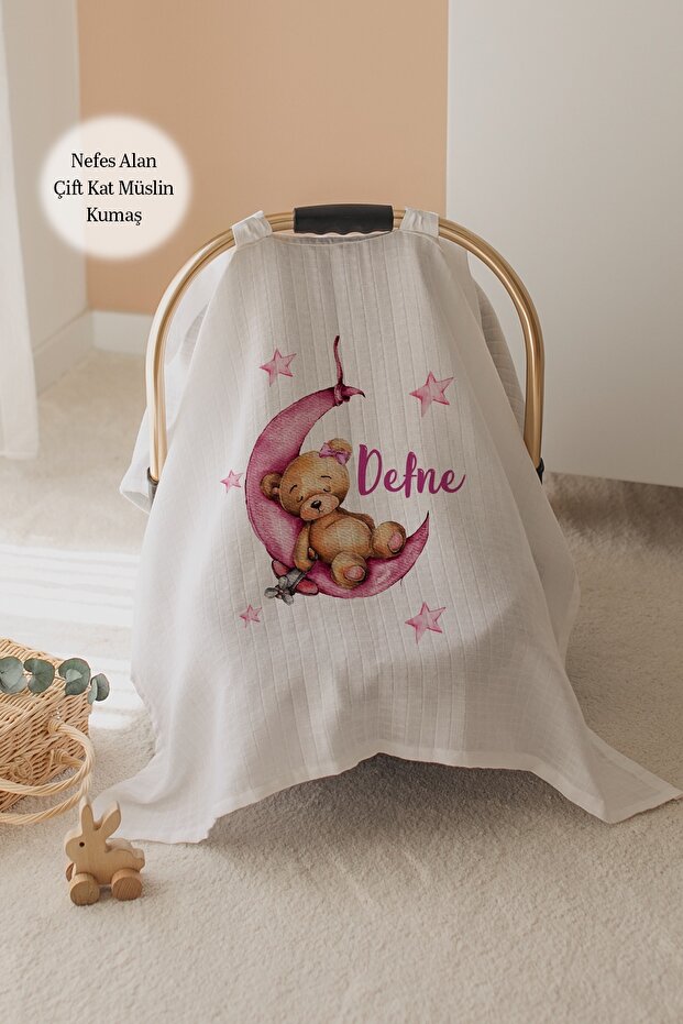 %100 Pamuk İsme Özel Çift Katlı Müslin Puset Örtüsü - Ayıcık - 1