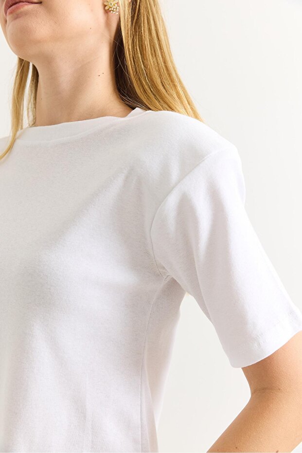 Vatkalı Bisiklet Yaka Basic Tshirt Beyaz - 6