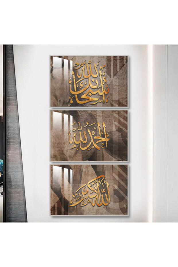 ثلاث لوحات جدارية خشبية مع برواز خشبي فضي و طبقة من الاكريلك الشفاف