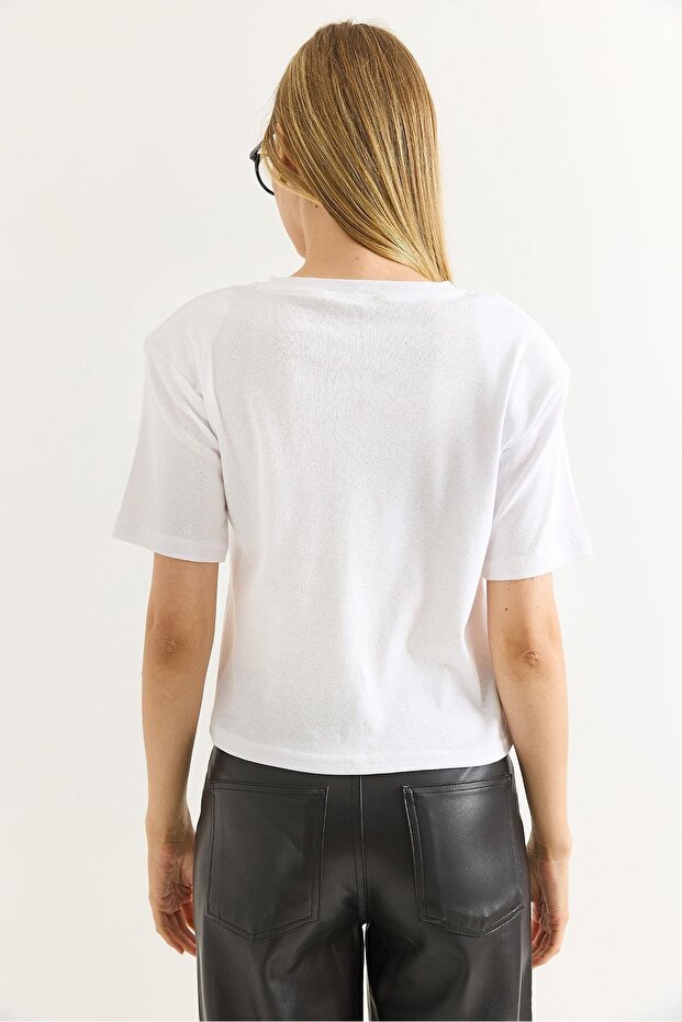 Vatkalı Bisiklet Yaka Basic Tshirt Beyaz - 4