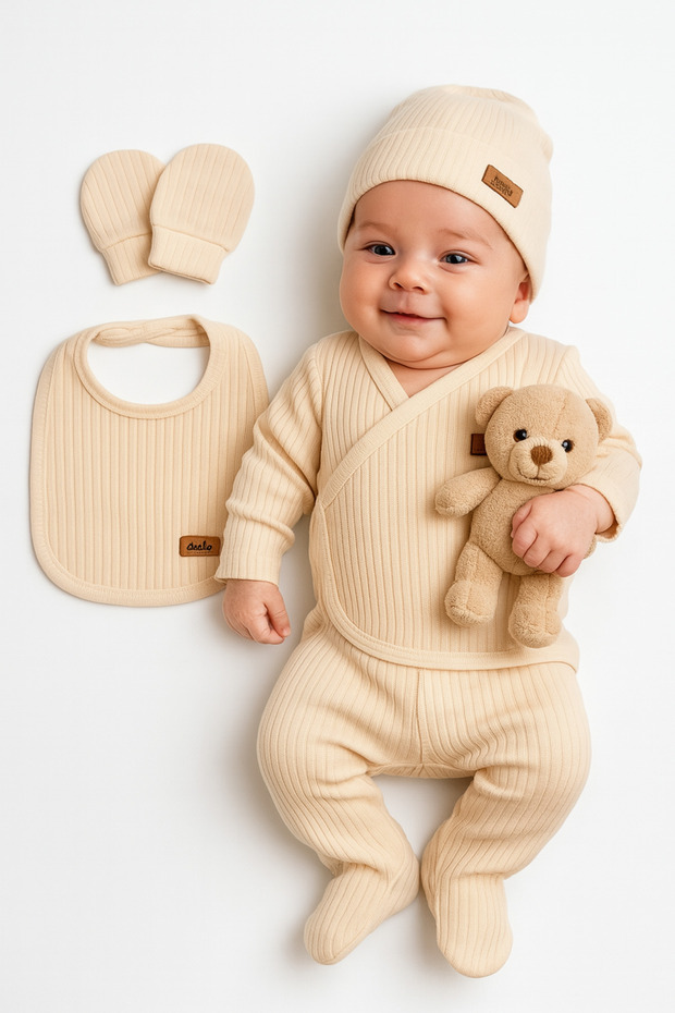 Baby Girl Boy 5-Piece Hospital Discharge Set Ribbed Soft Cotton Natural Newborn Outfit 50-56cm