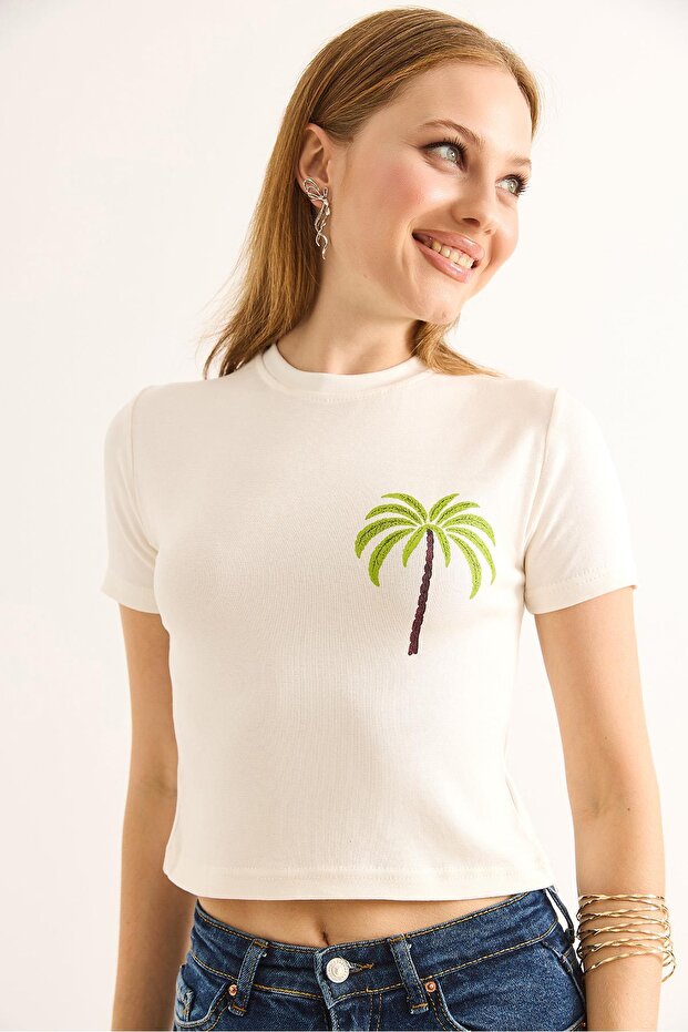 Crew Neck Short Sleeve Crop Blouse Cream