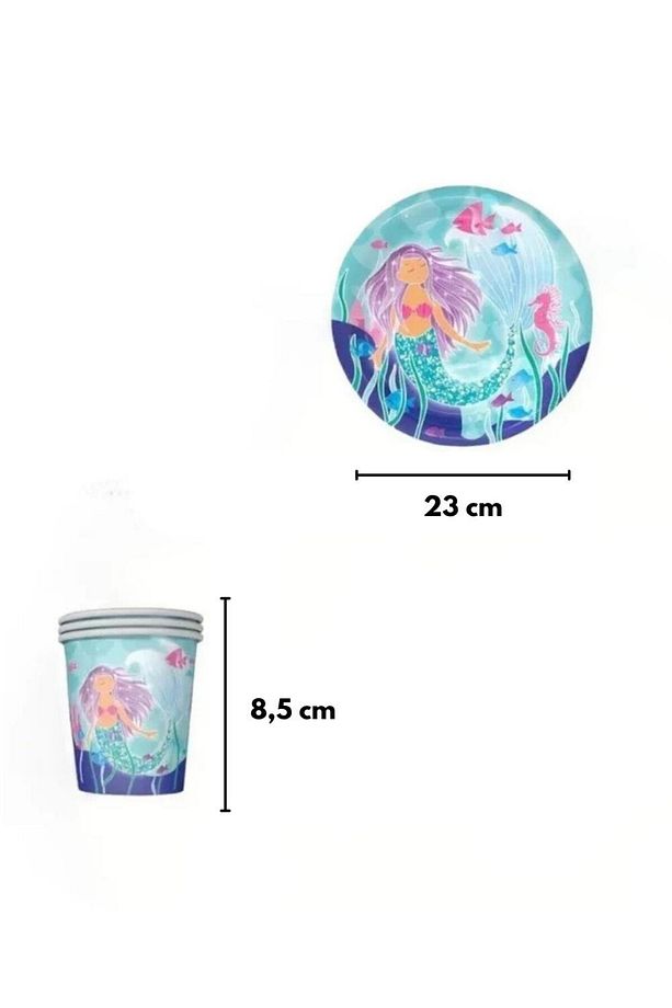 Çok Renkli Deniz Kızı Temalı 8'li Tabak Bardak Set - 3
