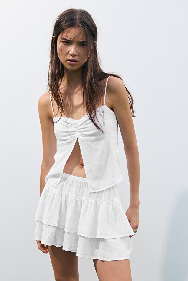 Ketenli volanlı mini etek - 2