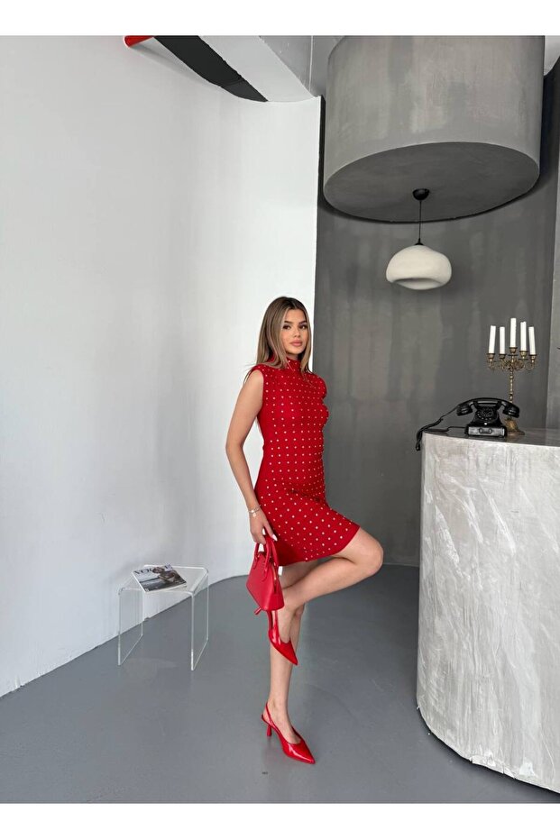 Taşlı Kadın Ottoman Mini Elbise - 7