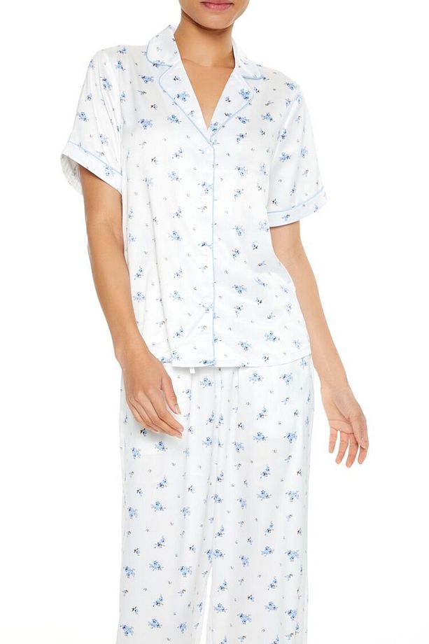 Çiçek Desenli Gömlek ve Pijama Altı Takımı - 1