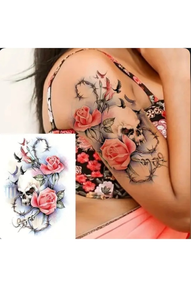 Unisex Kuru Kafa ve Gül Desen Geçici Dövme BE126 - 1