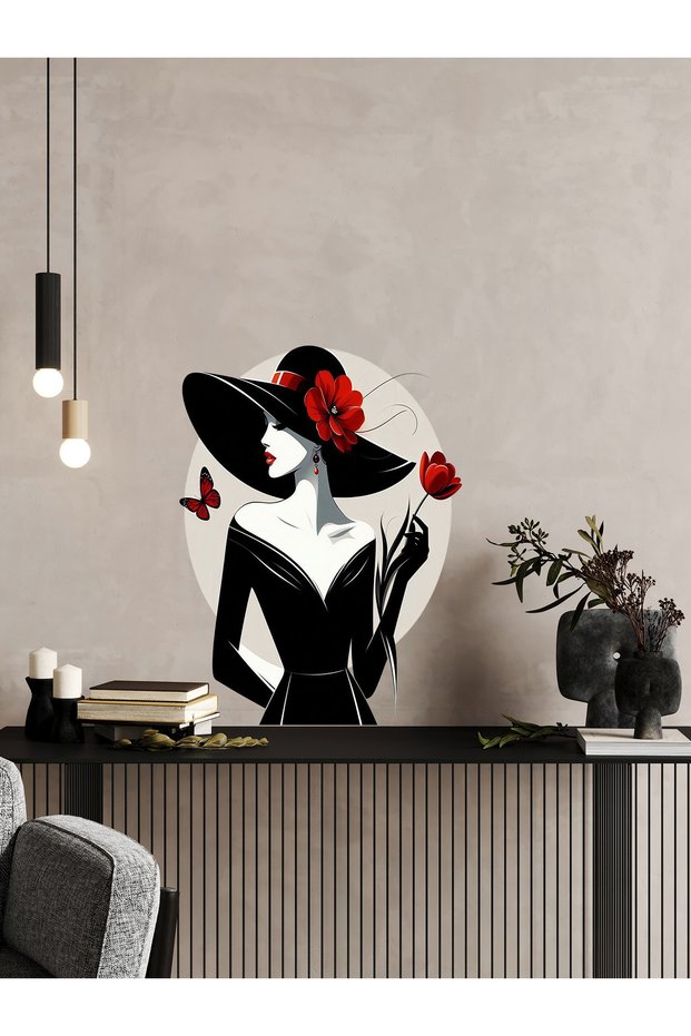 Visual of a Woman Figure with Black Hat, Red Flower Pattern, Glass, Wall Sticker, 50X60 cm