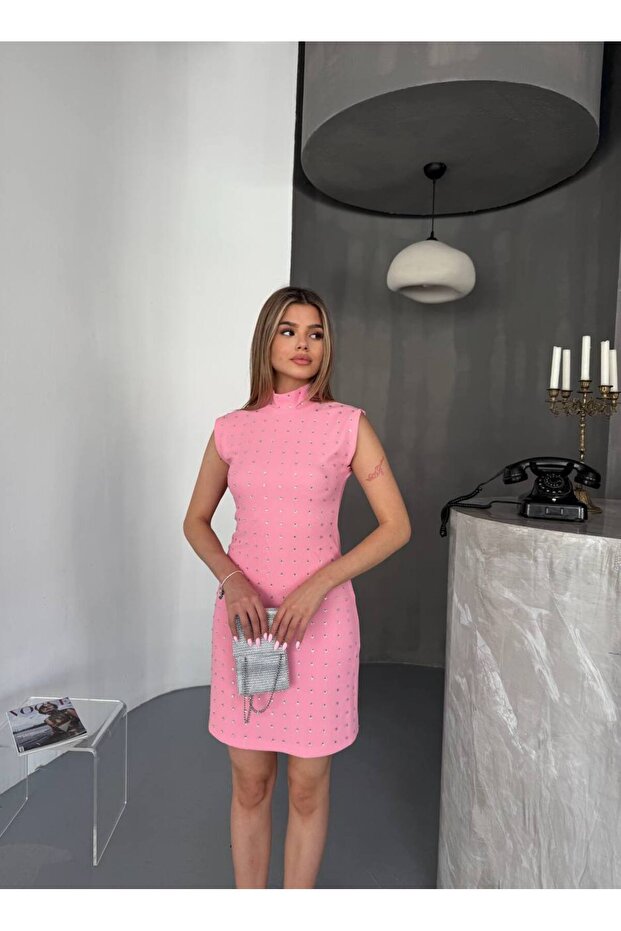 Taşlı Kadın Ottoman Mini Elbise - 6