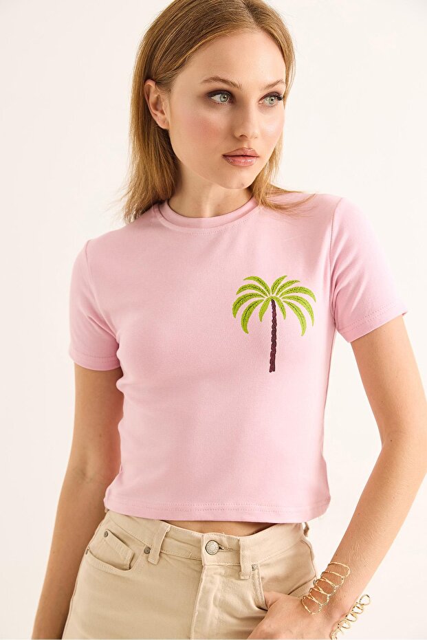 Crew Neck Short Sleeve Crop Blouse Pink