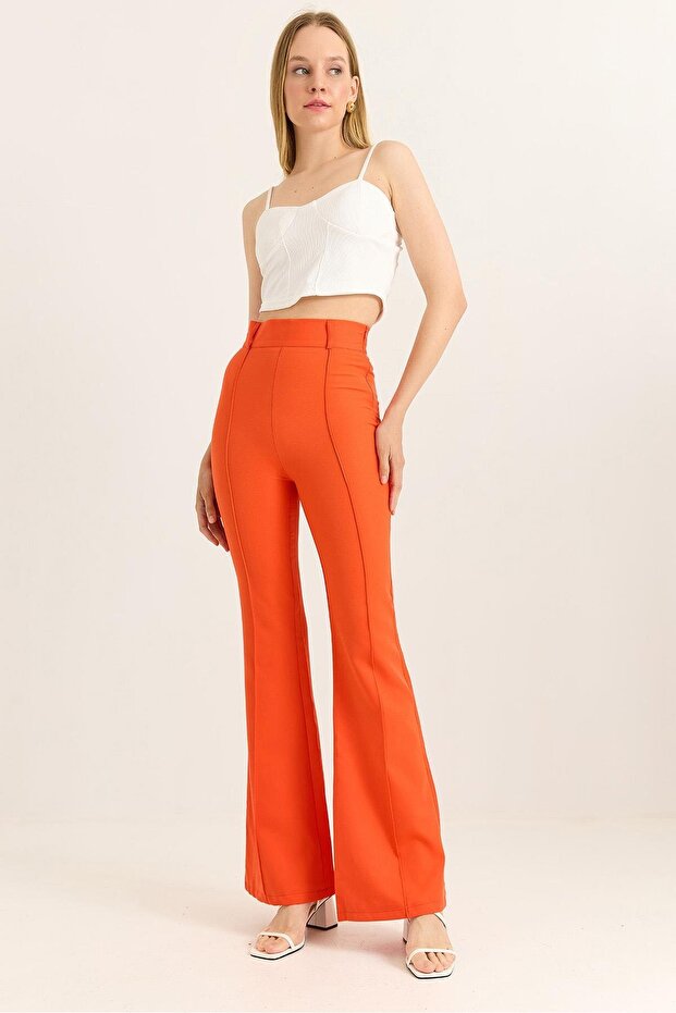 Yüksel Waist Striped Spanish Leg Trousers Pomegranate